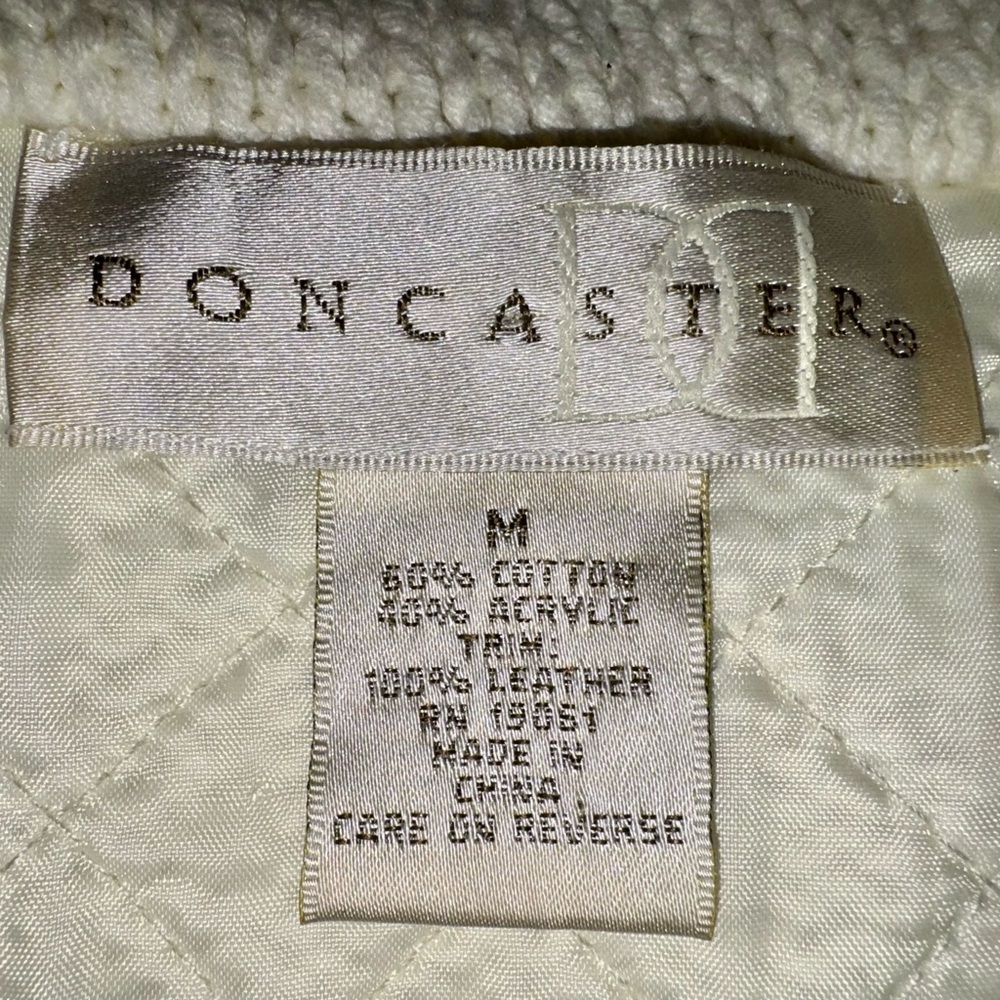 Vintage Doncaster Ivory Quilted Lined Sweater Jacket with Black Leather Trim - Picture 14 of 15